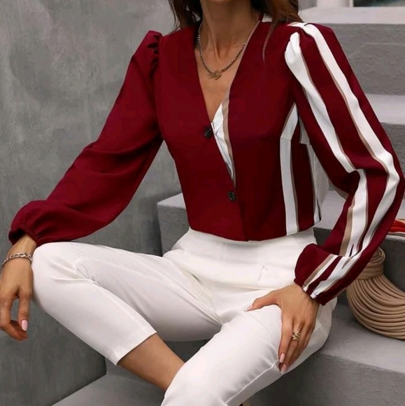 Color Block Button Front Blouse Women Shirt - Picture 3 of 5